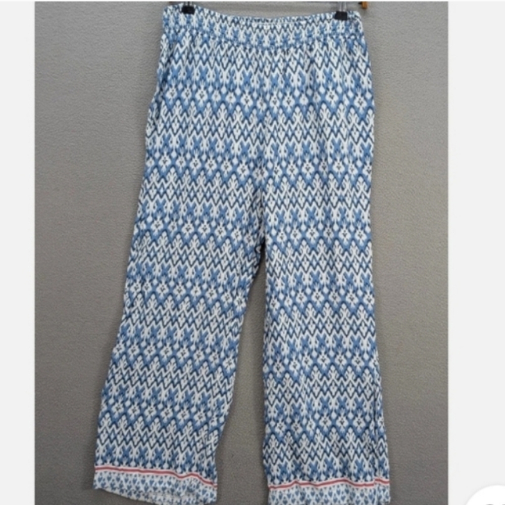 beachlunchlounge Blue and White Wide Leg Pants with Pink Trim